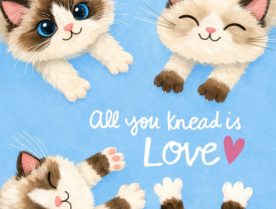 Whimsical illustration of cuddly kittens against a blue background with the phrase 'All you knead is Love' and a pink heart.