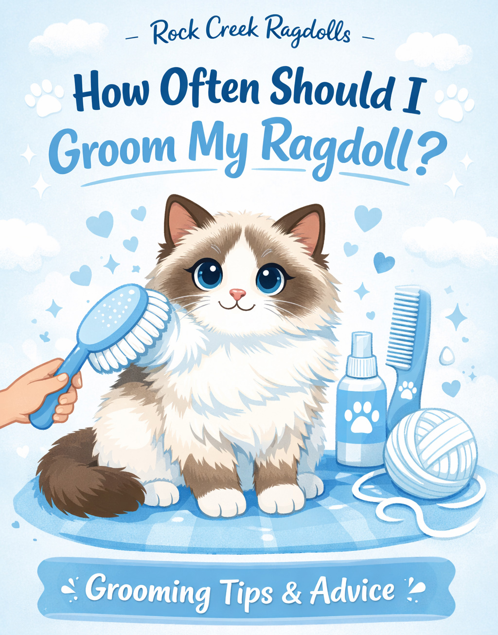 Illustrated poster of a fluffy Ragdoll kitten being brushed, with grooming supplies and the text 'How Often Should I Groom My Ragdoll?'